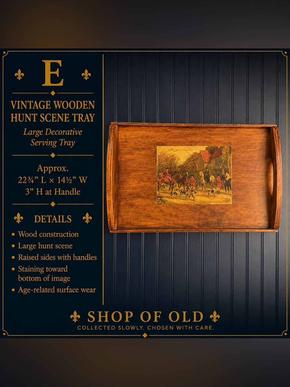 Vintage Wooden Fox Hunt Scene Tray — Large Equestrian Serving Tray